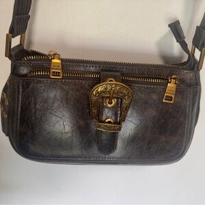 Steve Madden Dark Brown Leather Strap Crossbody with Branded Brass Zipper Pull